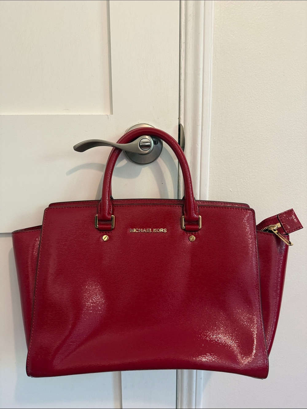 Michael Kors Cherry Red Patent Satchel with Gold Hardware